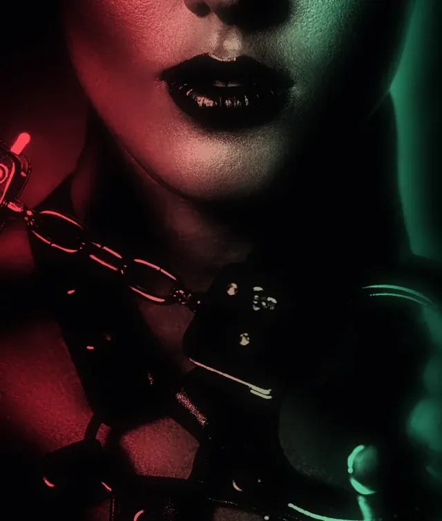 Site BDSM Undesens : visage et chaînes dans une lumière tamisée