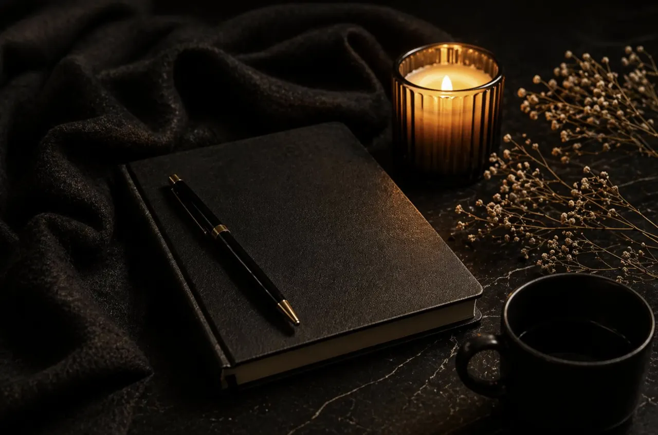 Carnet noir à la lueur d’une bougie